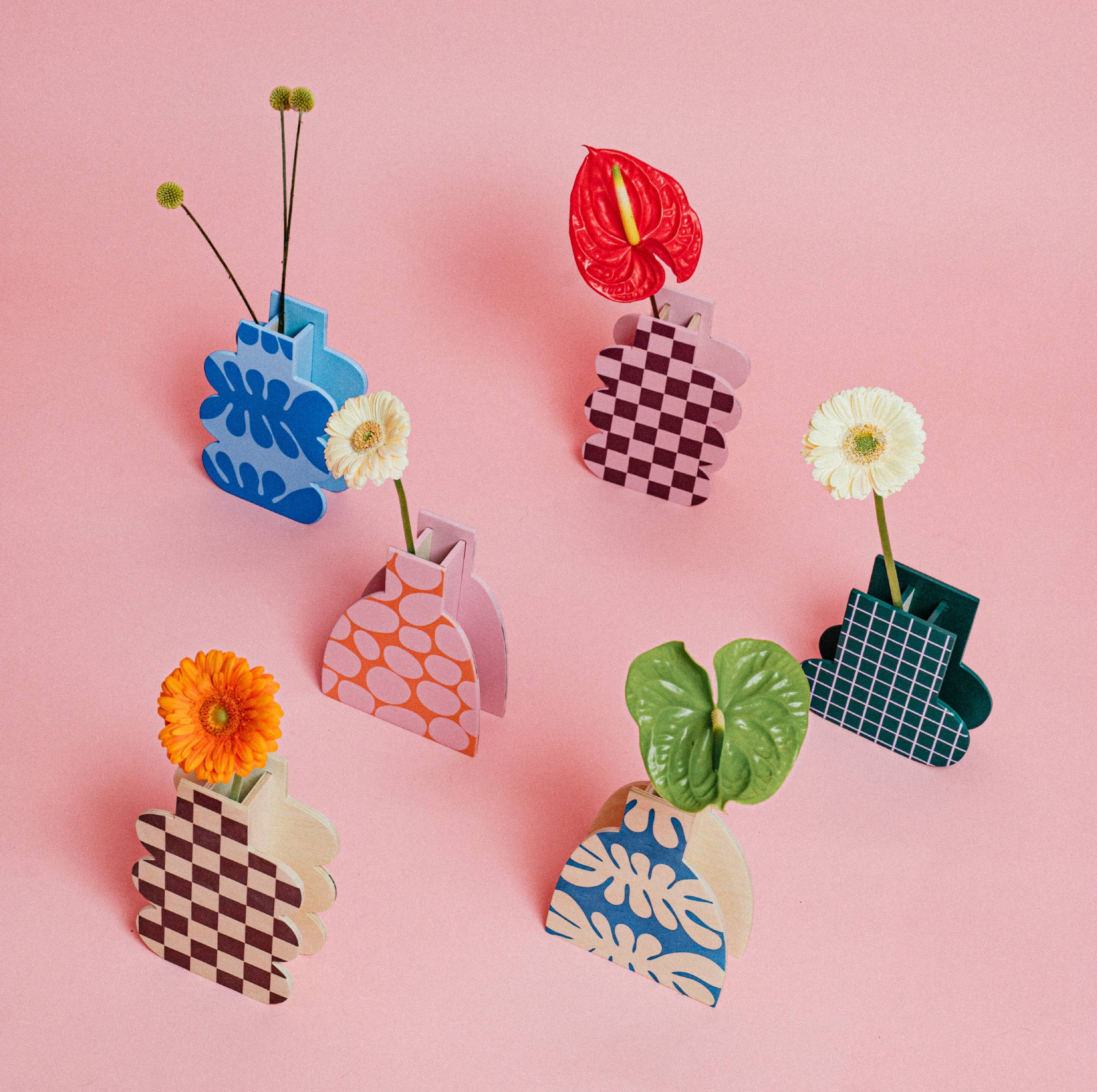 HOLZVASE - PINK CHECK