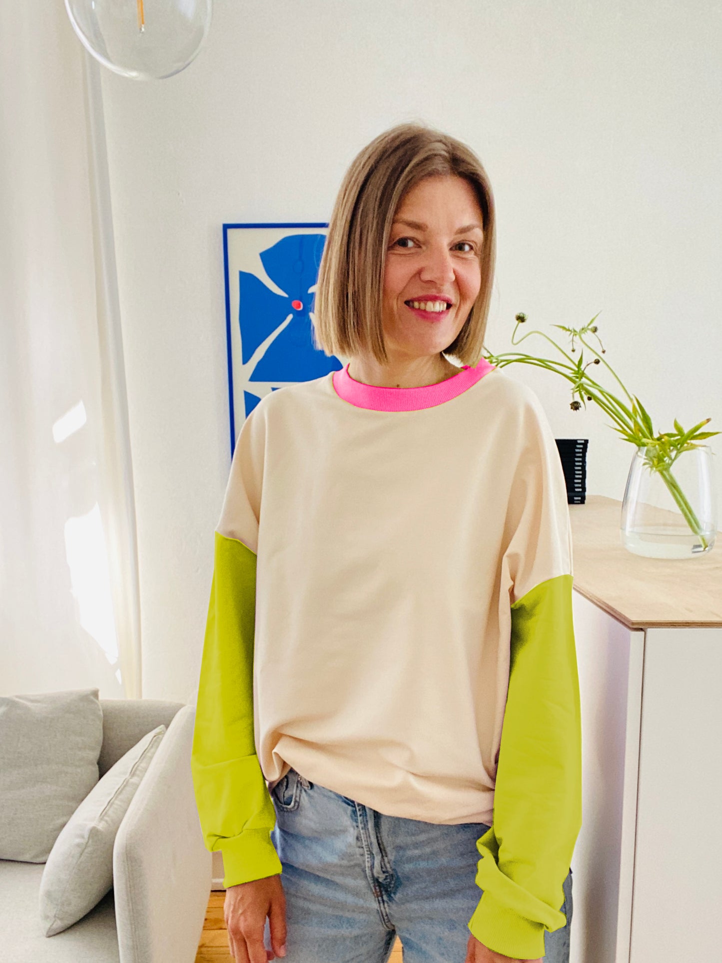 ERWACHSENEN SWEATSHIRT- COLOR BLOCKING BISQUIT + LIME + PINK (LIEFERZEIT CA. 14 TAGE)
