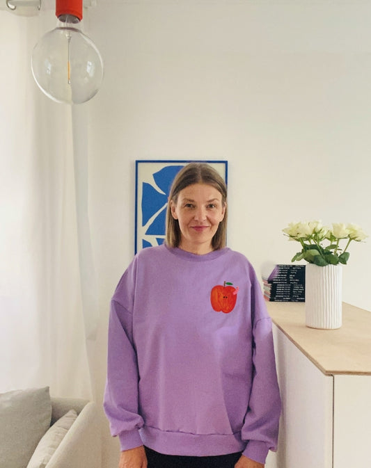 UNISEX ERWACHSENEN SWEATSHIRT- APFEL AUF LILA (LIEFERUNG CA. 14 TAGE)