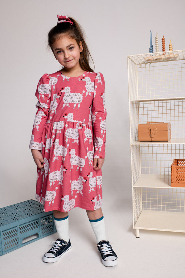 POODLE ON PINK PUFF SLEEVED DRESS