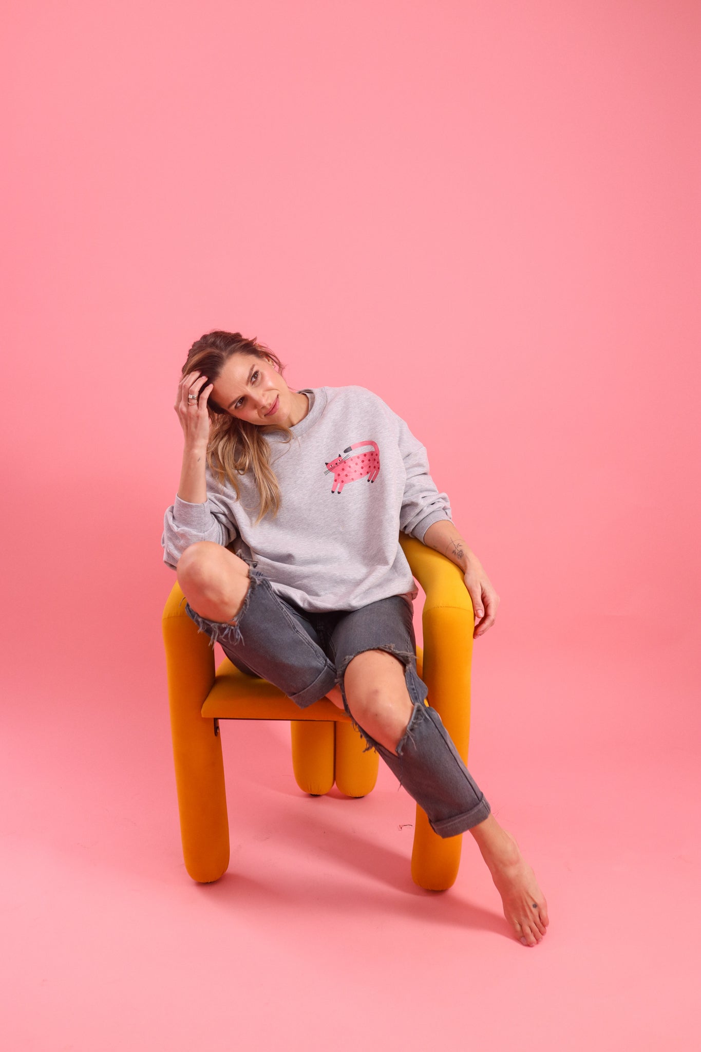 ERWACHSENEN SWEATSHIRT- PINKE KATZE AUF GRAU MELIERT (LIEFERUNG CA. 14)