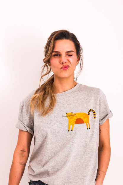 GELBE KATZE AUF GRAU MELIERT -  ERWACHSENEN T-SHIRT (ANFERTIGUNG CA. 14 TAGE)