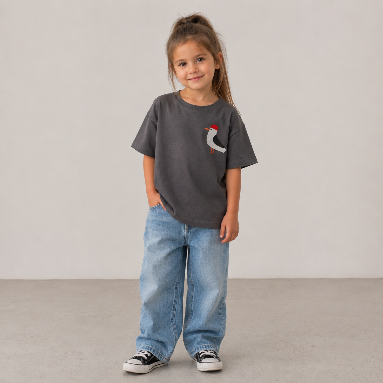 MÖWE AUF DUNKELGRAU - KINDER OVERSIZE T - SHIRT