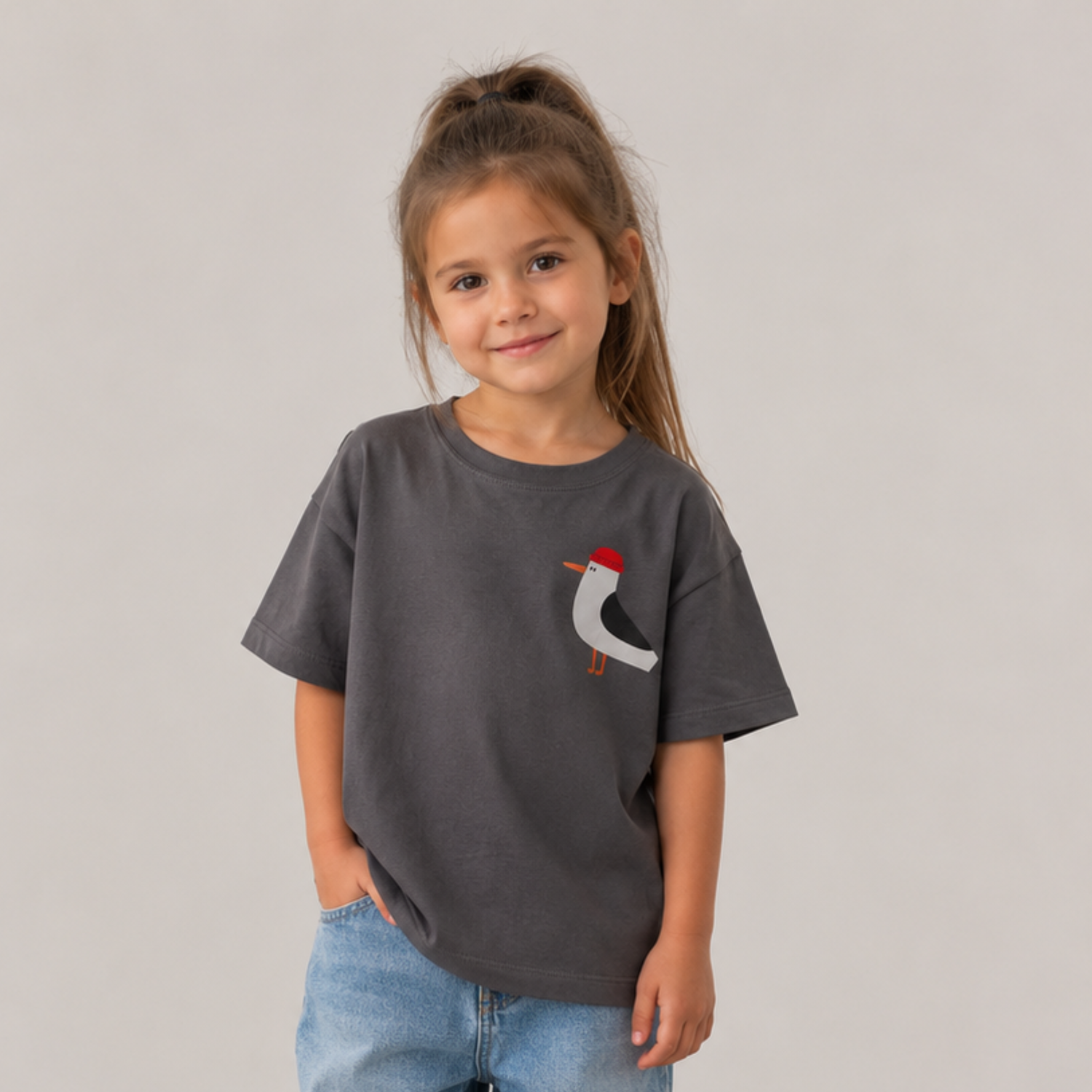 MÖWE AUF DUNKELGRAU - KINDER OVERSIZE T - SHIRT