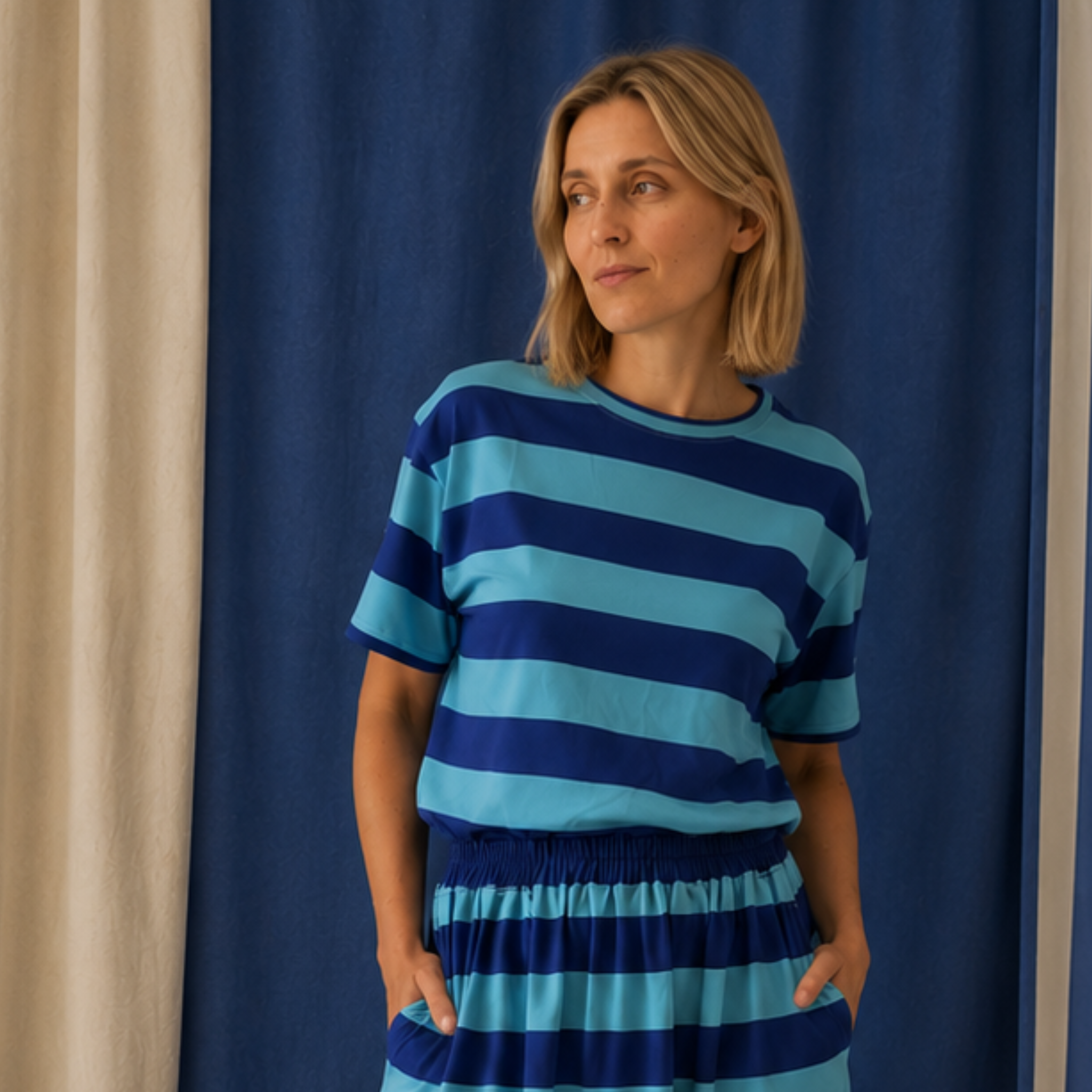 BLOCKSTREIFEN BLAU + BLAU  - ERWACHSENEN BOXY SHIRT