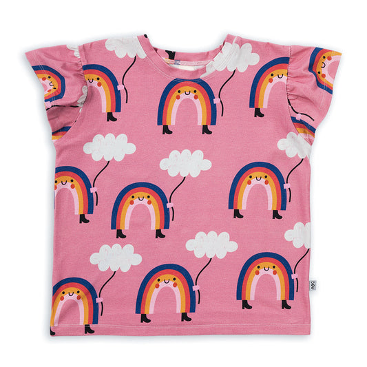 REGENBOGEN AUF PINK T-SHIRT MIT GERÜSCHTEN ÄRMELCHEN